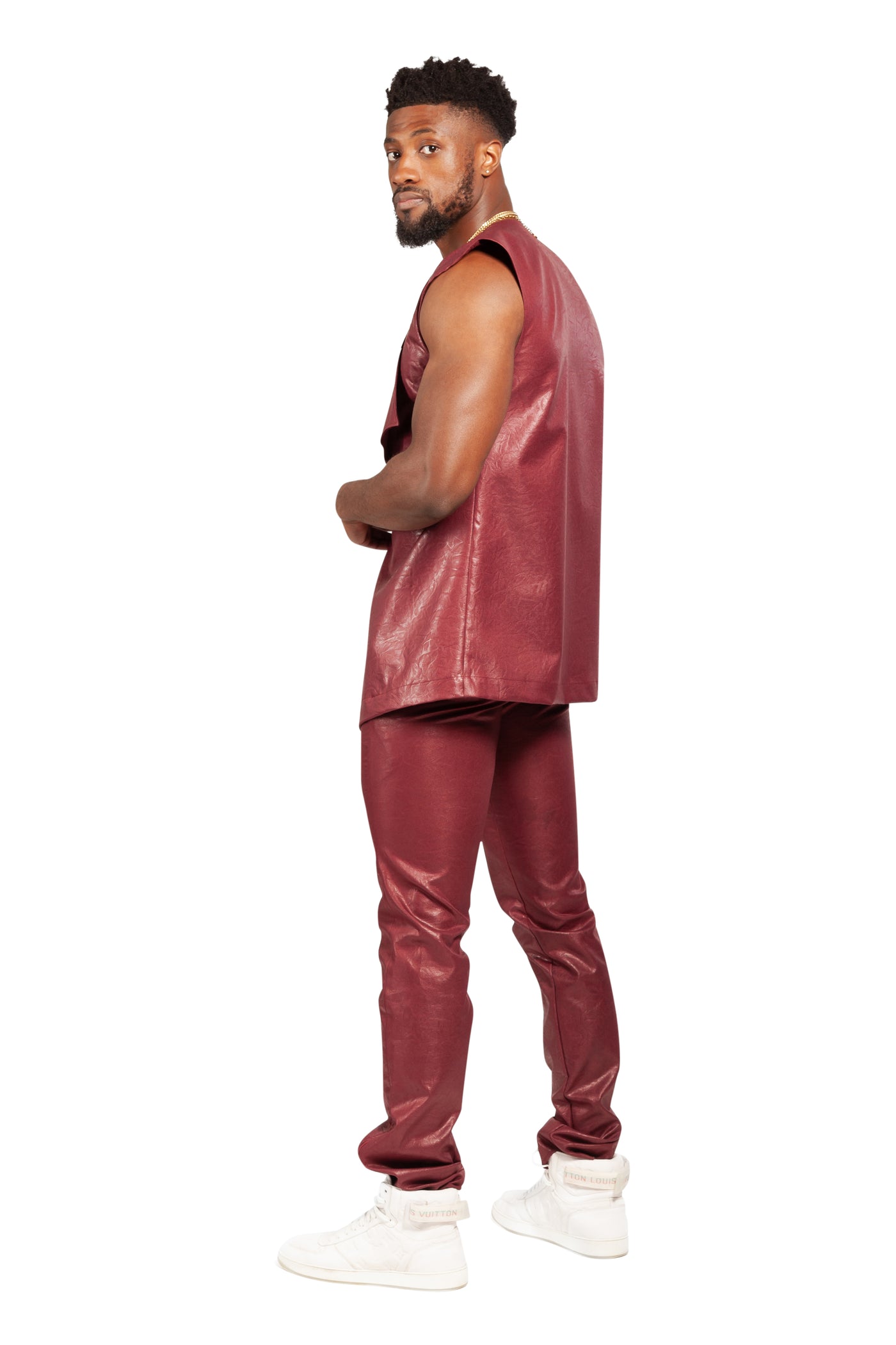 Vegan Leather Red Sleeveless Suit