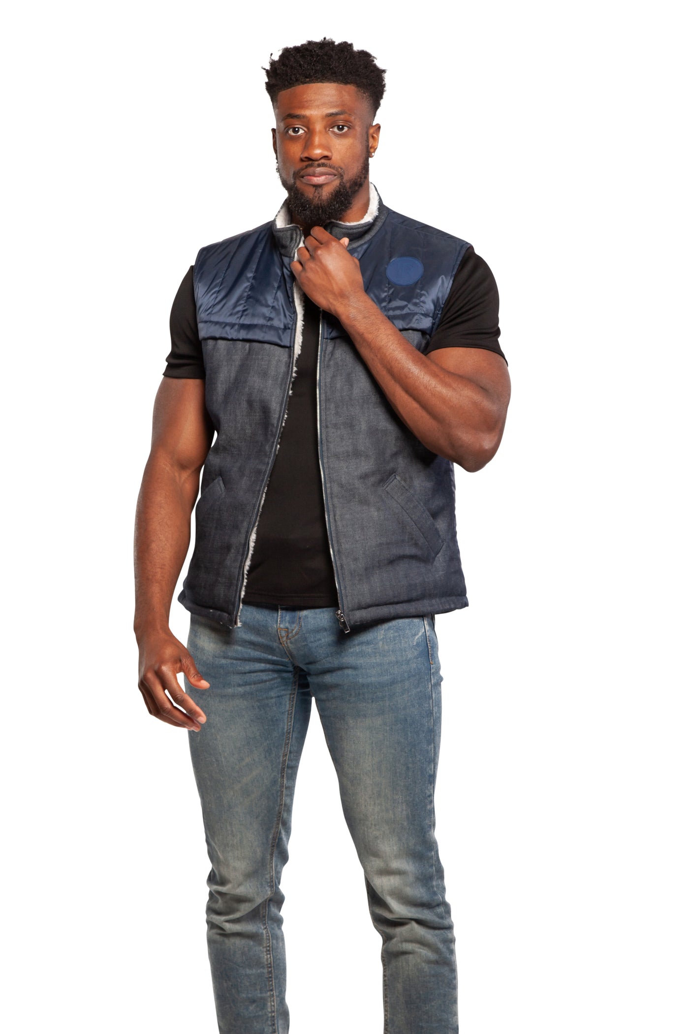 DIFFERENTREGARD Denim Down Vest With Fur