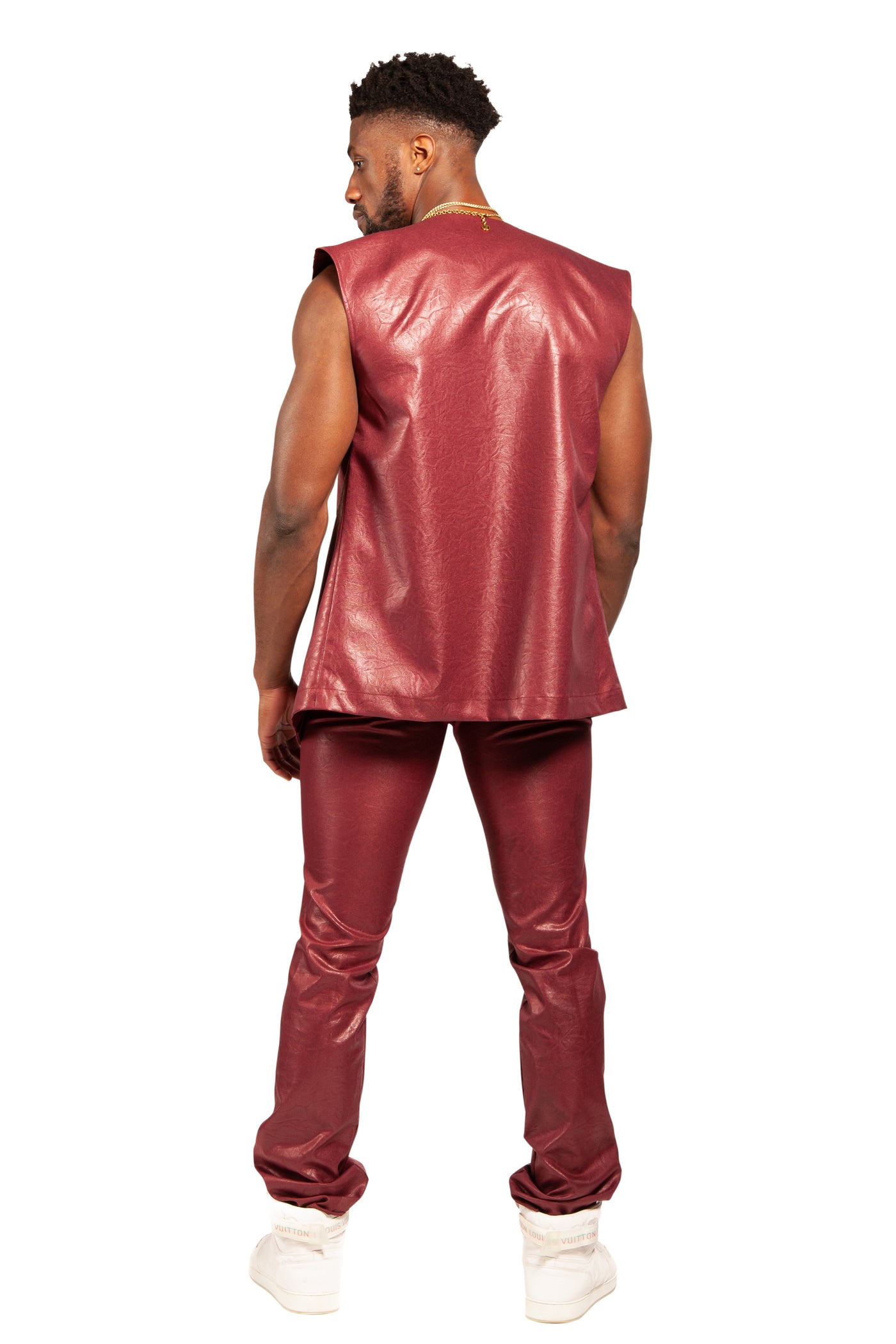 Vegan Leather Red Sleeveless Suit